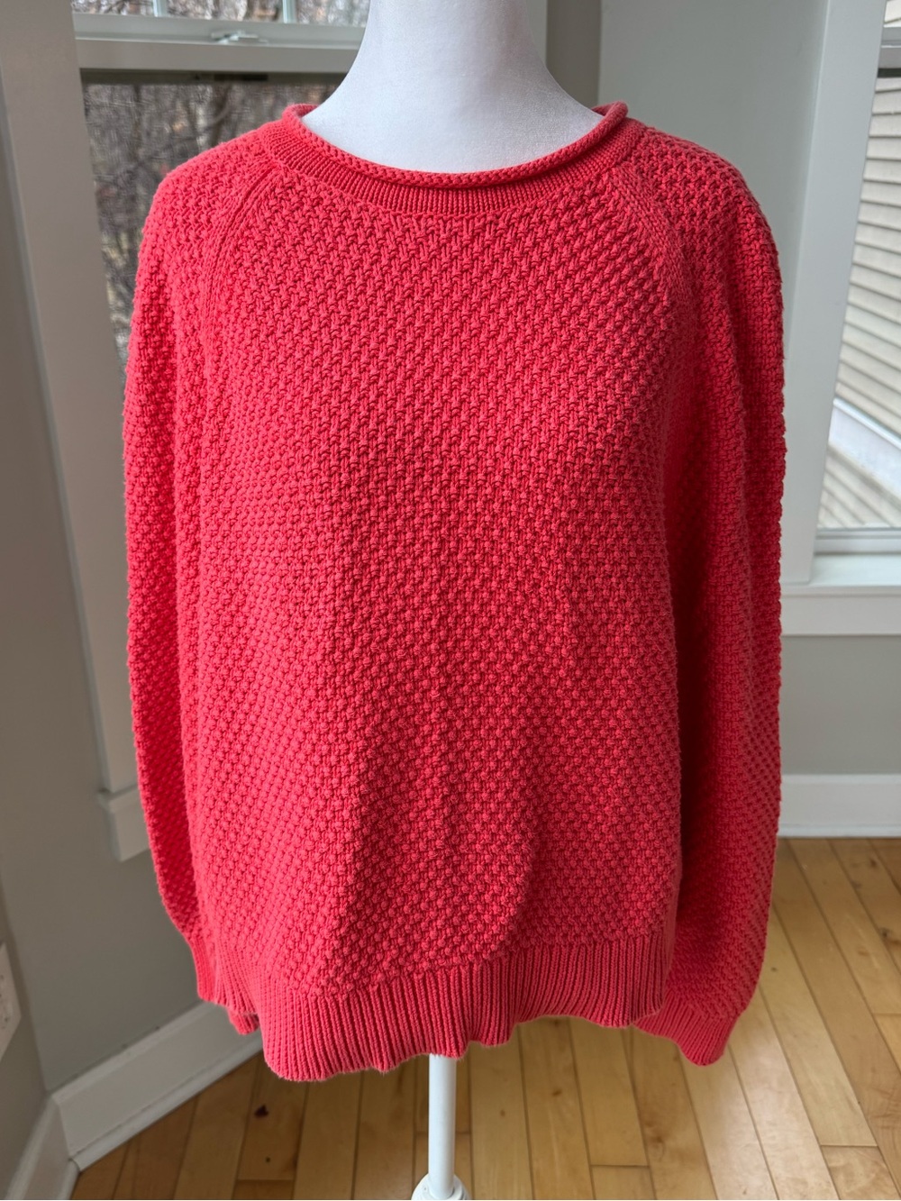 Ralph Lauren Coral Red Cotton Shaker Knit Rollneck Crewneck Sweater Sz XL
